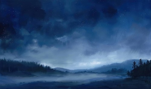 Painting of a foggy night sky with low-lying stratus clouds AI generated
