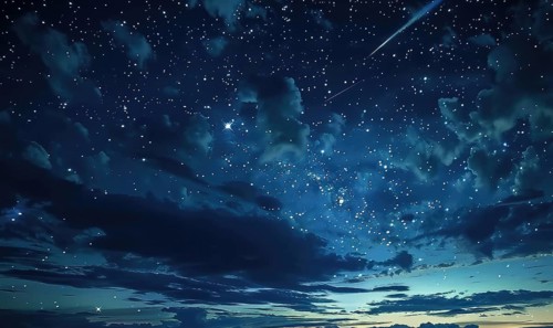 Night sky with scattered clouds and a shooting star AI generated