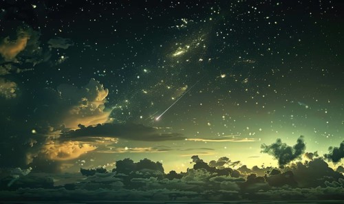 Night sky with scattered clouds and a shooting star AI generated