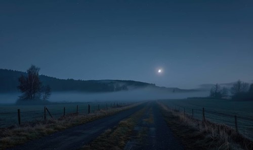 Night sky with low-lying fog and a sliver of moonlight AI generated