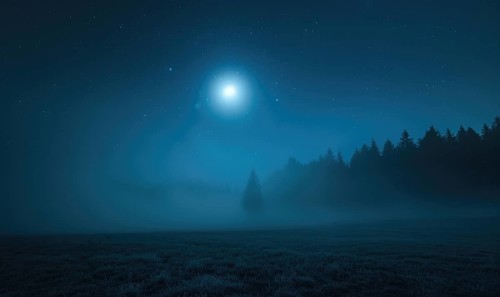 Night sky with low-lying fog and a sliver of moonlight AI generated