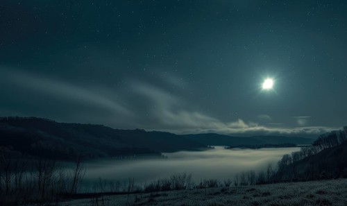 Night sky with low-lying fog and a sliver of moonlight, AI generated
