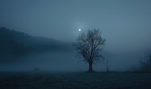 Night sky with low-lying fog and a sliver of moonlight AI generated