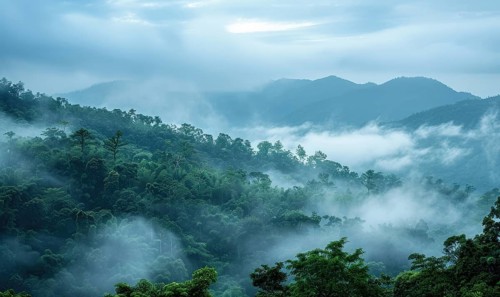 Hazy sky and thin layers of clouds, mist in the mounts AI generated