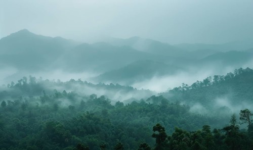 Hazy sky and thin layers of clouds, mist in the mounts AI generated