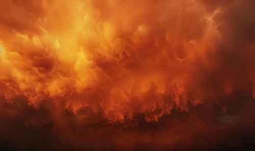 Fiery red-orange sky and dramatic clouds, sky background AI generated