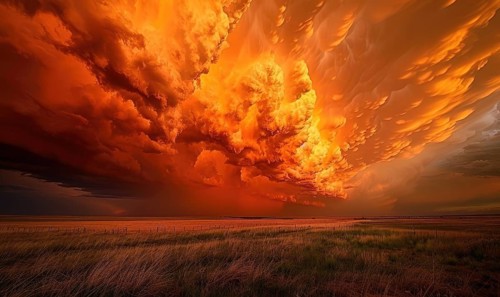 Fiery red-orange sky and dramatic clouds, sky background AI generated