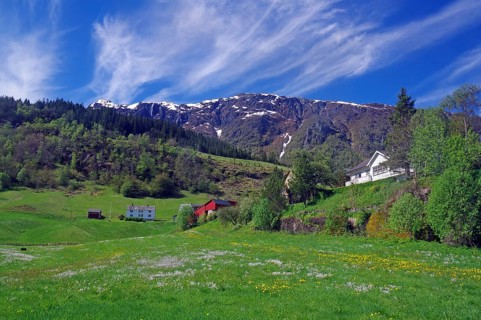 Mountain landscape with green meadows, scattered houses, blue sky and snow-covered mountains,