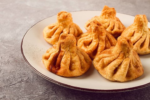 Deep-fried khinkali, khinkali with meat, traditional Georgian dish, no people