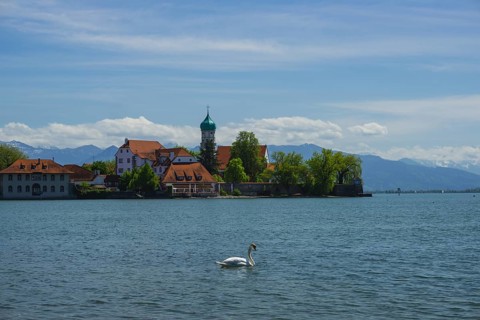 Baroque Church of St George and Castle, moated castle, Lake Constance, Bavaria, Germany, Europe