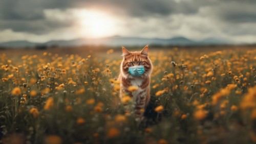 Cat with allergies in a medical mask in the spring, allergic reaction to flowers and dust in