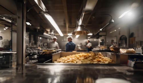 Production of potato chips at the factory, AI generated