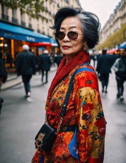 60 year old Asian female model in Paris Fashion Week. ai generative, AI generated