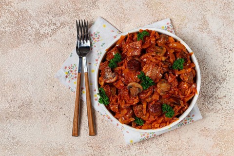 Bigos, bigus is a national Polish dish, made of cabbage and meat, stewed, homemade, no people
