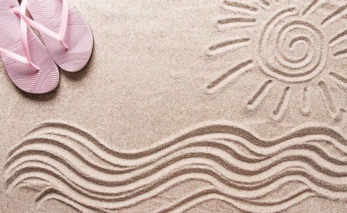 Abstract background, Summer wallpaper, drawing on sand, sea waves and sun, women's beach