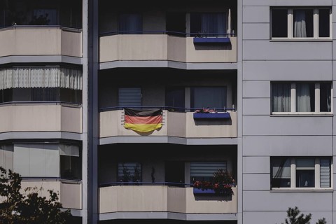 German flag on the balcony, taken in Berlin, 07/08/2024