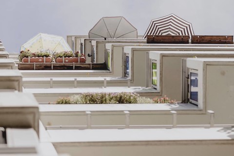 Parasols on the balcony of a prefabricated building, taken in Berlin, 07/08/2024