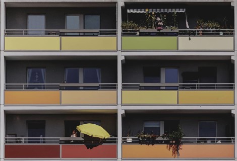 Balcony with parasol, taken at a block of flats in Marzahn in Berlin, 07/08/2024