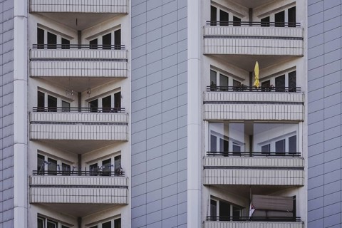 A parasol on a balcony of a block of flats, taken in Berlin, 07/08/2024
