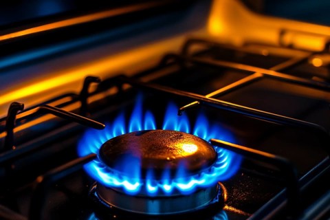 Close up of blue flames burning on gas oven. Generative Ai, AI generated