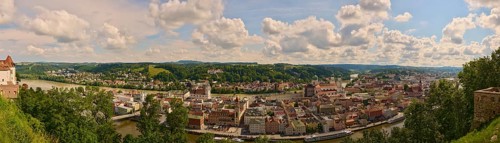 View over the historic old town of Passau from 'Veste Oberhaus', Bavaria, Germany, Europe