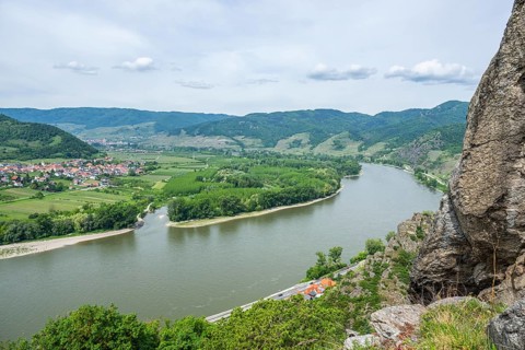 View from Dürnstein castle in spring, Dürnstein, Danubia river, Wachau, Austria, Europe