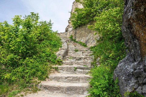 Stairs at Dürnstein castle in spring, Austria, Europe