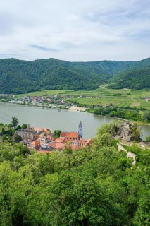 View from Dürnstein castle in spring, Dürnstein, Danubia river, Wachau, Austria, Europe