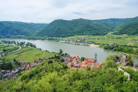 View from Dürnstein castle in spring, Dürnstein, Danubia river, Wachau, Austria, Europe