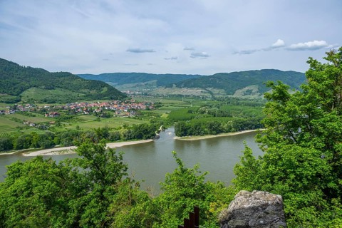 View from Dürnstein castle in spring, Dürnstein, Danubia river, Wachau, Austria, Europe