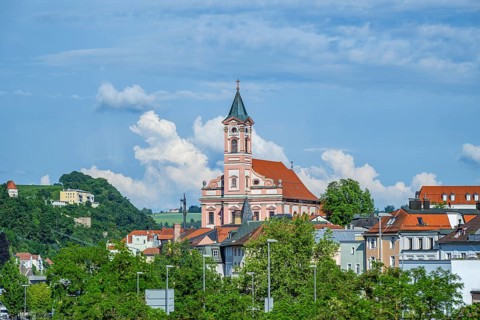 View over Danubia river on 'Veste Oberhaus' ant the church, Passau, Bavaria, Germany, Europe