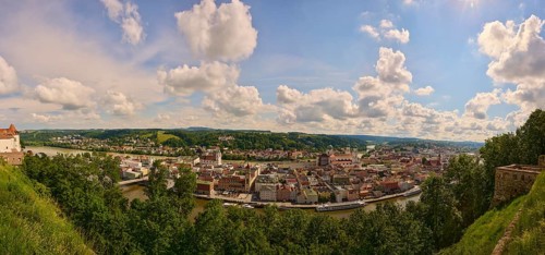 View over the historic old town of Passau from 'Veste Oberhaus', Bavaria, Germany, Europe