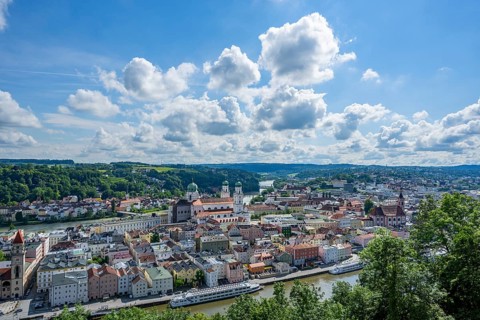 View over the historic old town of Passau from 'Veste Oberhaus', Bavaria, Germany, Europe