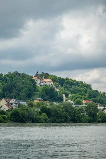 View from danubia River on church 'Wallfahrtskirche Mariahilf', Passau, Bavaria, Germany, Europe