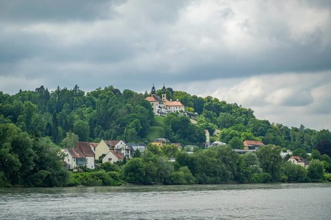 View from danubia River on church 'Wallfahrtskirche Mariahilf', Passau, Bavaria, Germany, Europe