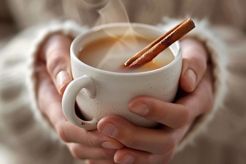 Hands holding cup of milk tea with cinnamon stick. Generative Ai, AI generated