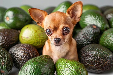 Small chihuahua dog sitting between many raw avocado fruits. Generative AI, AI generated