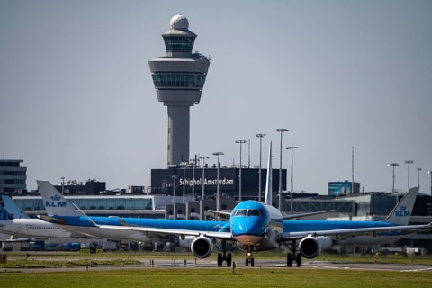 Aircraft at Amsterdam Schiphol Airport, on the taxiway for take-off on the Aalsmeerbaan, 18L/36R,