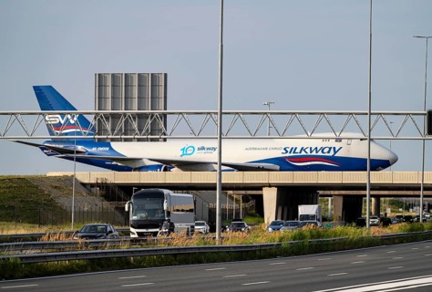 Amsterdam Schiphol Airport, Silk Way West Airlines, Boeing 747-4R7F cargo plane on the taxiway,