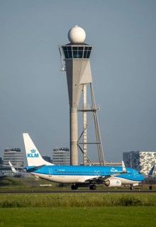 KLM aircraft after landing at Amsterdam Schiphol Airport, Polderbaan, 18R/36L, taxiway to terminal,