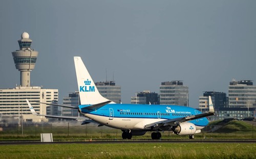 KLM aircraft after landing at Amsterdam Schiphol Airport, Polderbaan, 18R/36L, taxiway to the
