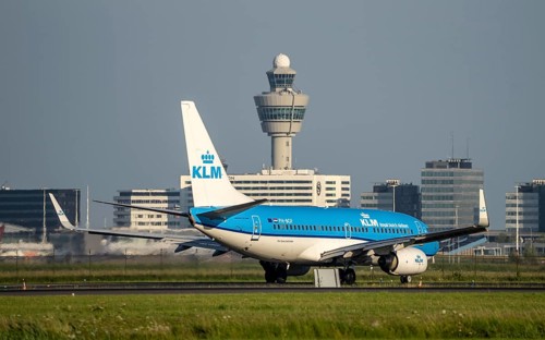 KLM aircraft after landing at Amsterdam Schiphol Airport, Polderbaan, 18R/36L, taxiway to the