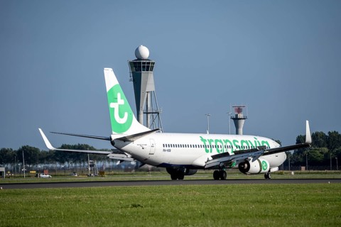 Transavia aircraft after landing at Amsterdam Schiphol Airport, Polderbaan, 18R/36L, taxiway to