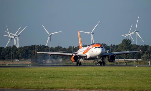 Easyjet aircraft landing at Amsterdam Schiphol Airport, Polderbaan, 18R/36L, wind farm in the