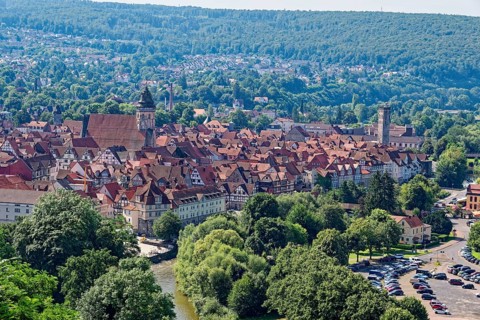 Top view of the old town of Hannoversch Münden with the Protestant Church of St. Blasius, in front
