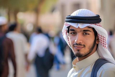 Portrait of young Muslim man with traditional keffiyeh headscarf on university campus. Generative
