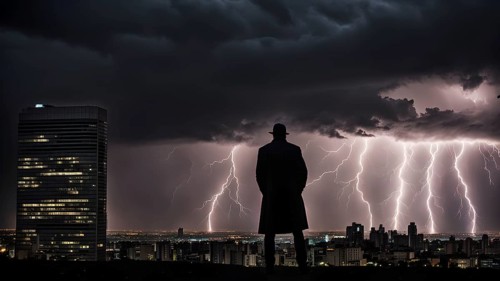 Apocalyptic hurricane scene with lighting and a human silhouette in front of city skyline, AI