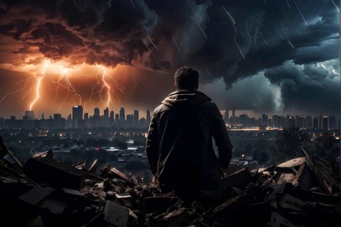 Apocalyptic hurricane scene with lighting and a human silhouette in front of city skyline, AI