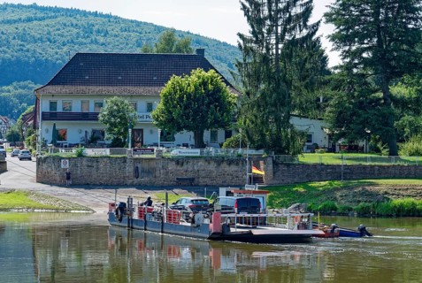 The Veckerhagen-Hemeln ferry on the Weser in southern Weserbergland .Lower Saxony, Germany, Europe