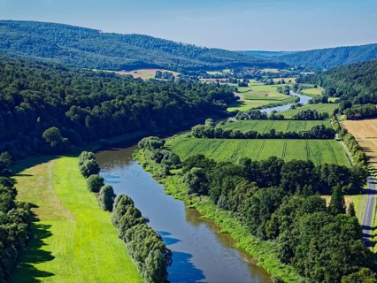 Aerial view of the course of the Upper Weser between Bursfelde and Wesertal through the southern